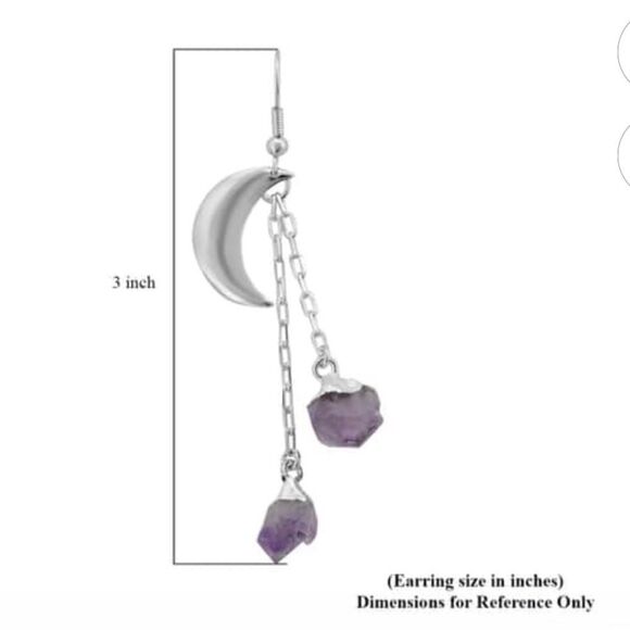 Made in Brazil Amethyst point Moon Dangle Earrings in Silvertone - Picture 3 of 10